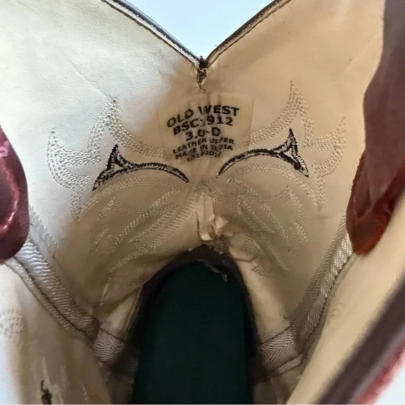 OLD WEST- Kids-Distressed-Vamp-Cowboy Boots-Brown-Red-Size 3 - Picture 12 of 14